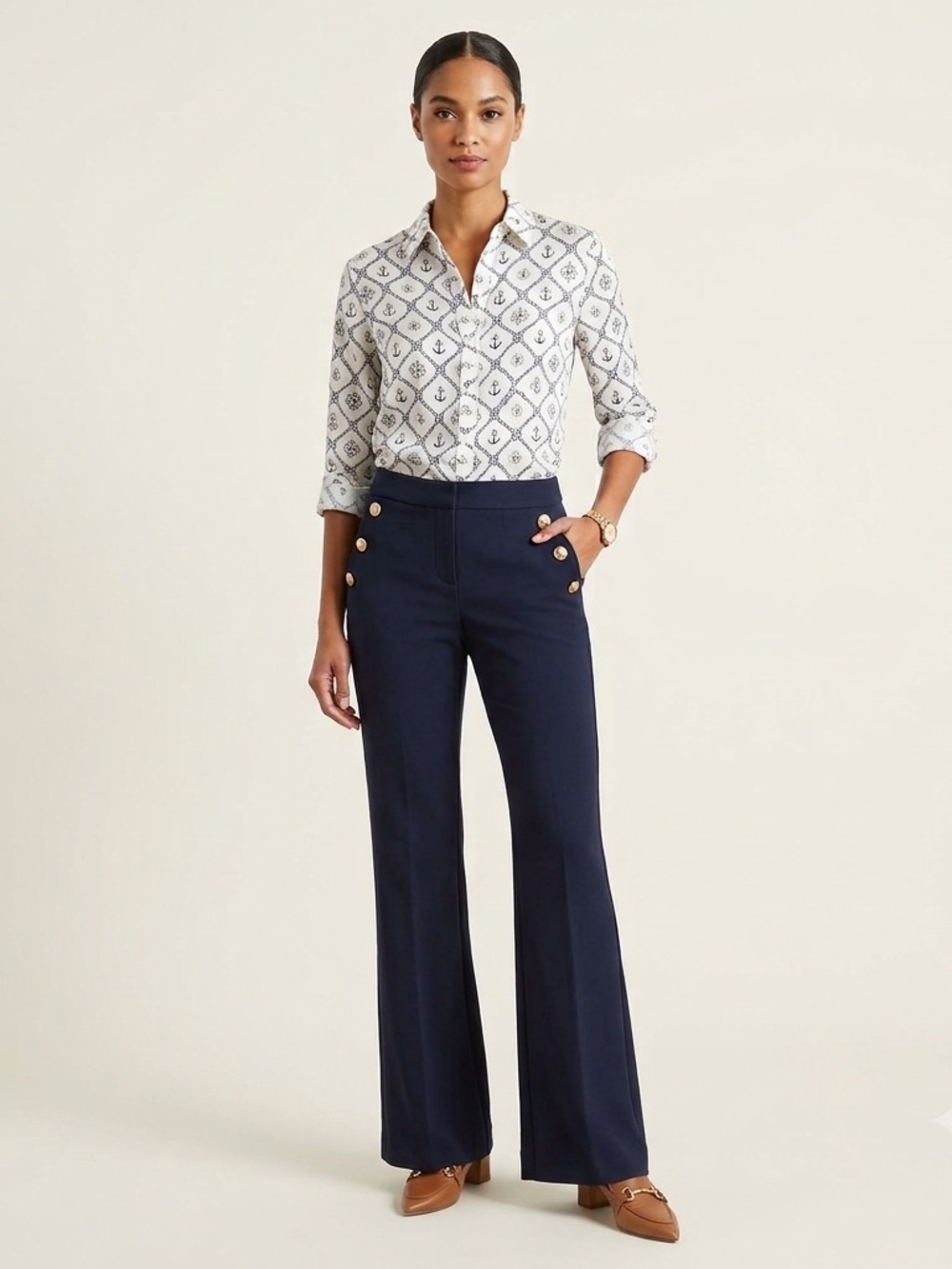 Rachel Zoe Navy Sailor Wide Leg Trousers Size 8 Gold Button High Rise Preppy
